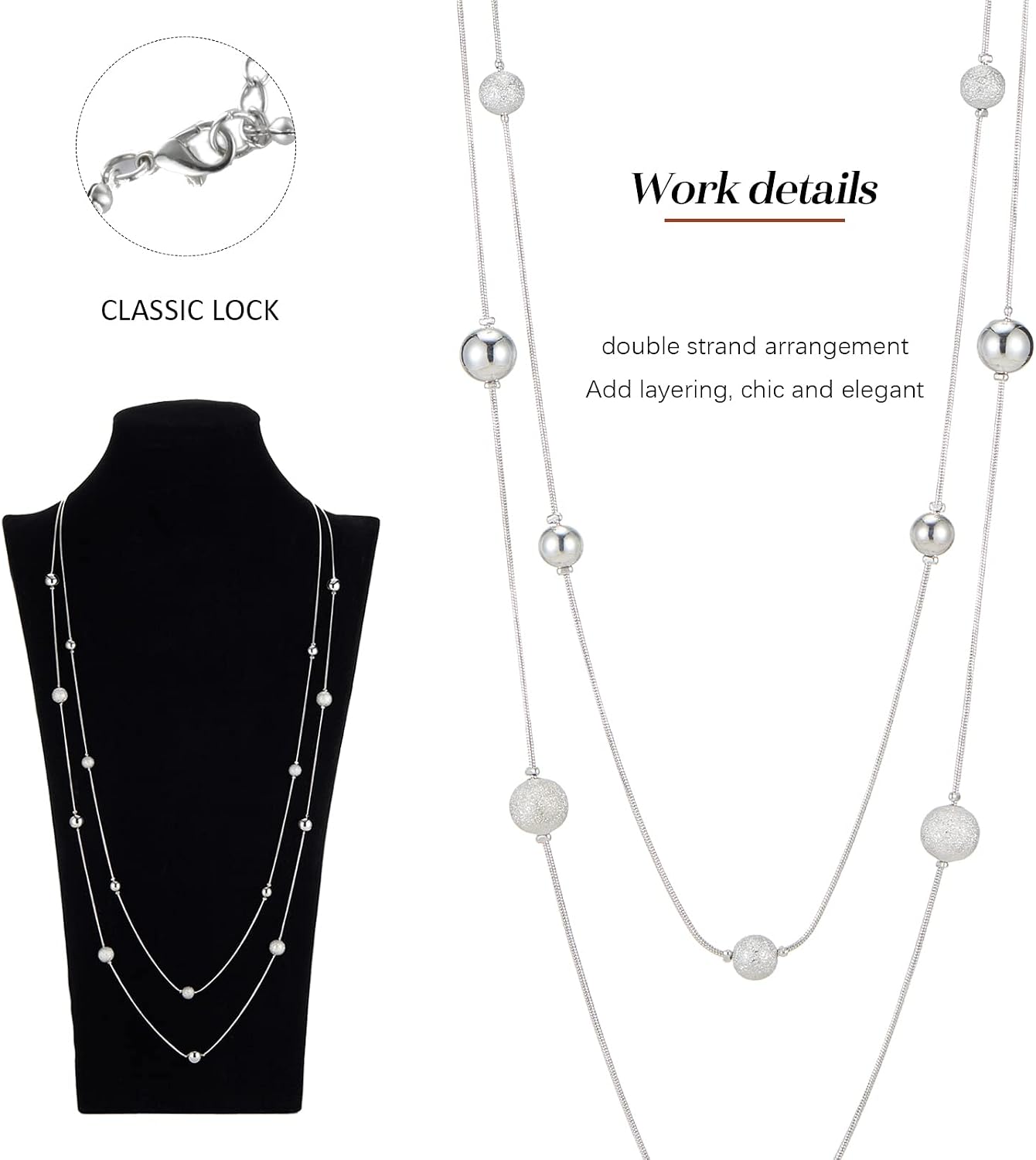 Silver Layered Long Necklace for Women Pearl Crystal Sweater Strand Chain Necklaces Fashion Gifts