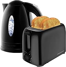 OVENTE Electric Kettle + 2-Slice Toaster Combo, 1.7L Water Boiler with Auto Shut-Off and Boil Dry Protection, Toasting Machine with 6-Shade Settings and Removable Crumb Tray, Black KP72B + TP2210B