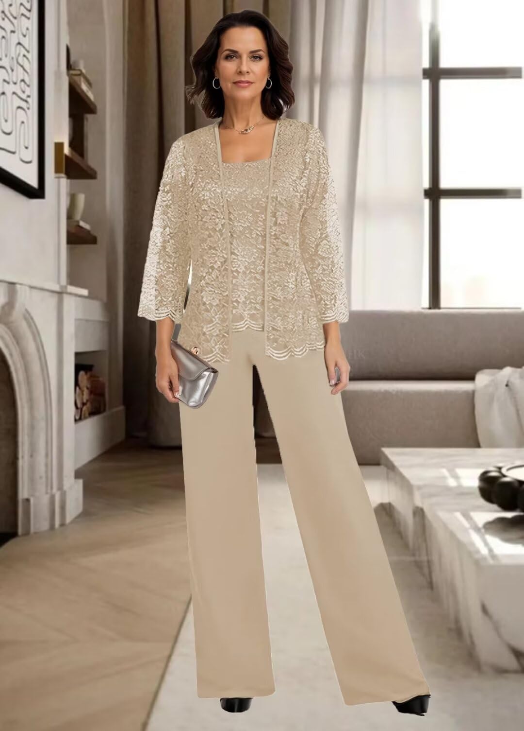 JAEDEN Damen Hosenanzug 3 Teilig Brautmutter Anzug Chiffon Festlich Hochzeit Hosen Set