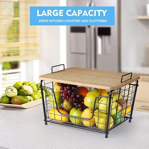 Miniatura 7 de Cesta de frutas, organizador apilable para encimera, cesta de alambre con tapa superior de bambú, cesta de verduras para mostrador, soporte para pan