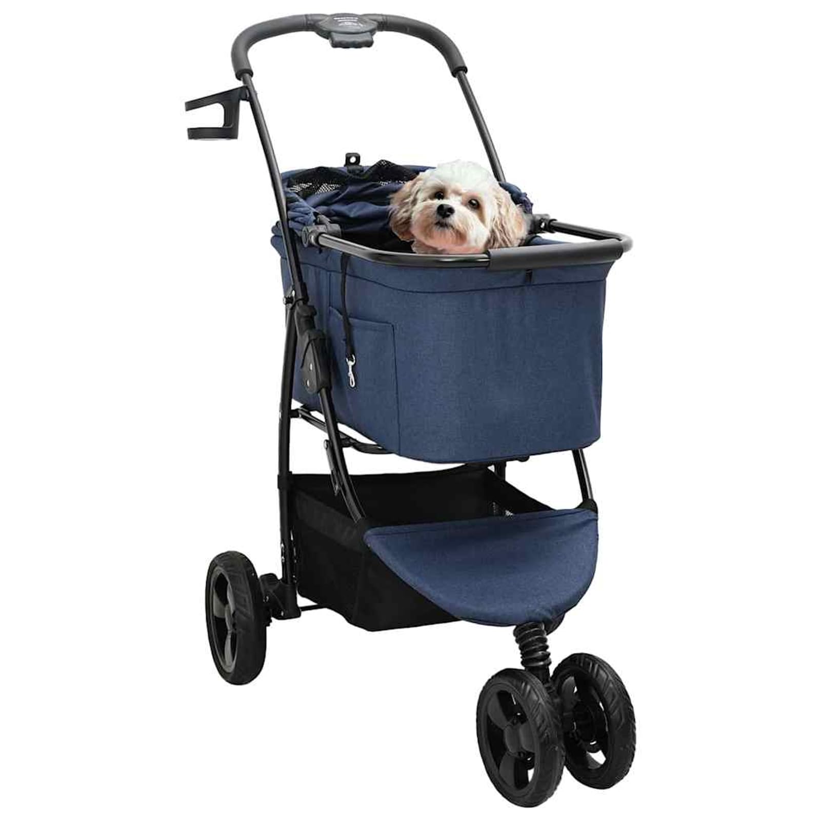 Passeggino per Animali Domestici Pieghevole, Blu, Portata 25 kg, Telaio Acciaio, Ruote Girevoli, Tasche Laterali, Cestino Inferiore, Chiusura a Pedale, per Cane e Gatto