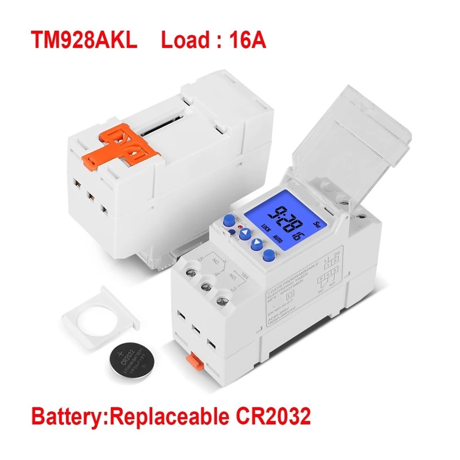 Programador Digital semanal con luz de Fondo y Pantalla L/C/D de Gran tamaño, Entrada Universal de 220 V y 110 V, Controlador de Tiempo de Ciclo 1NO + 1NC, Carril DIN(16A)
