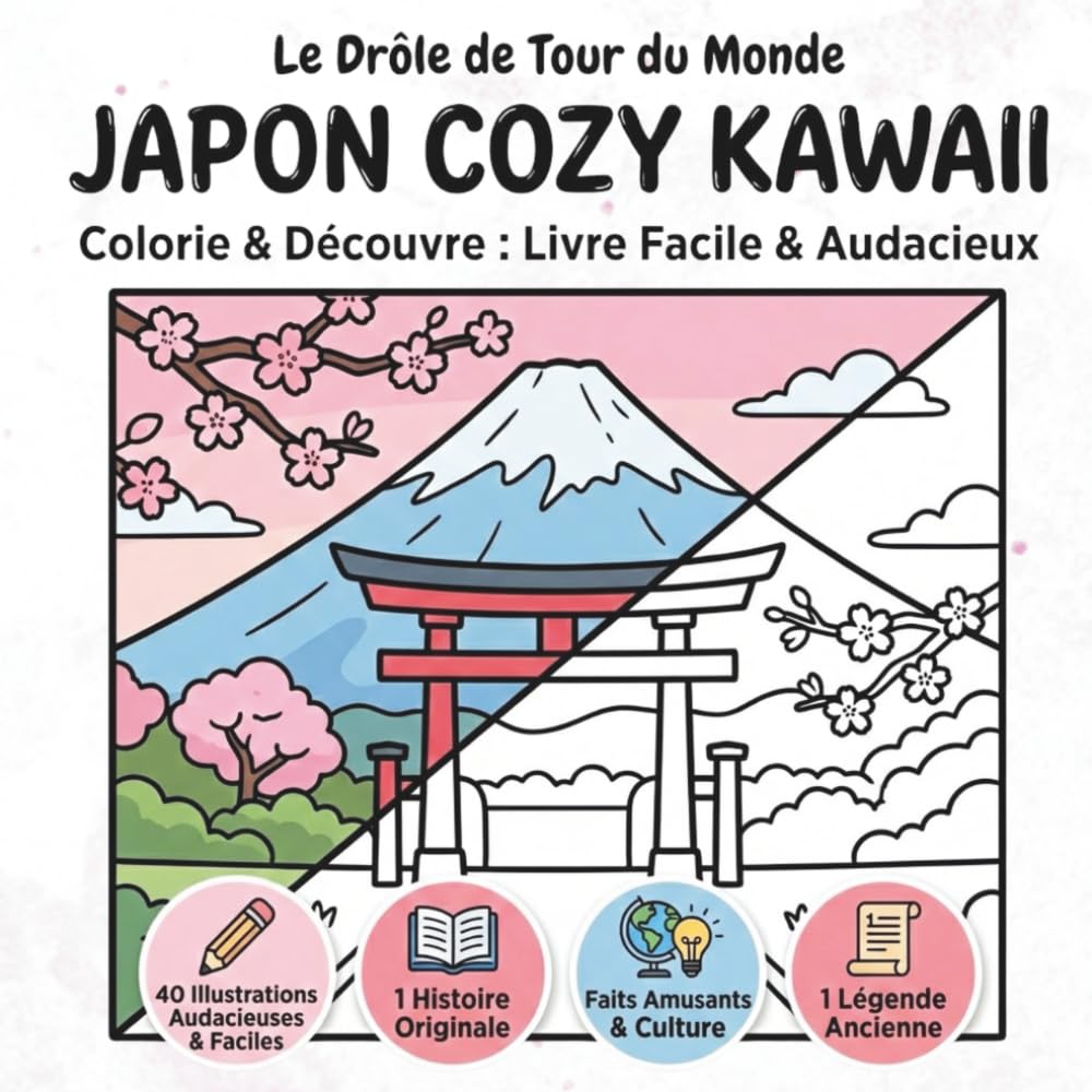 Le drôle de tour du monde: Japon Cozy Kawaii : Colorie & Découvre Livre facile