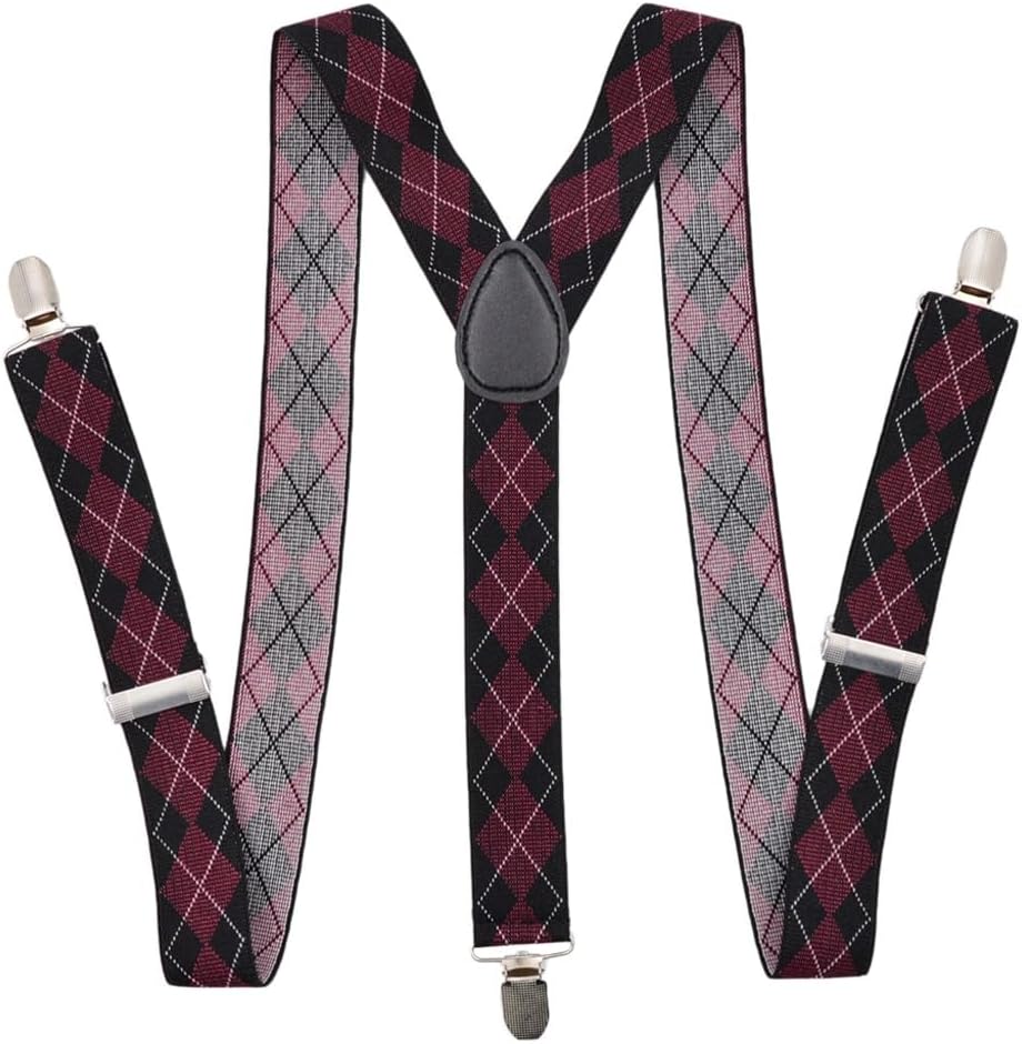 Unisex Clip-on Braces Elastic 3.5cm Wide Wine Lattice Larger Suspenders for Men Y-back Suspender