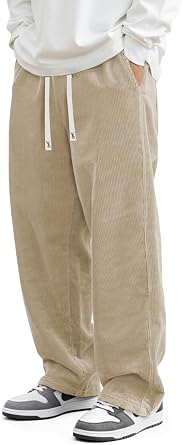 Mens Baggy Corduroy Pants Casual Wide Leg Loose Fit Joggers Elastic Waist Drawstring Trousers