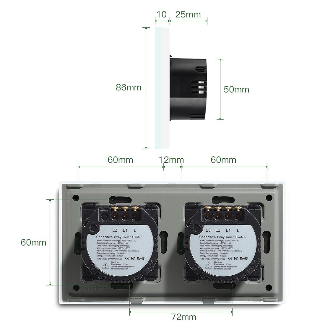 Interruptor Tactil,Interruptor Tactil Pared 5 Interruptor táctil de pandillas 157 mm 1 vía Interruptor de luz de Pared Blanca Negro Negro Panel Táctil Sensor Impermeable Interruptor(Black)