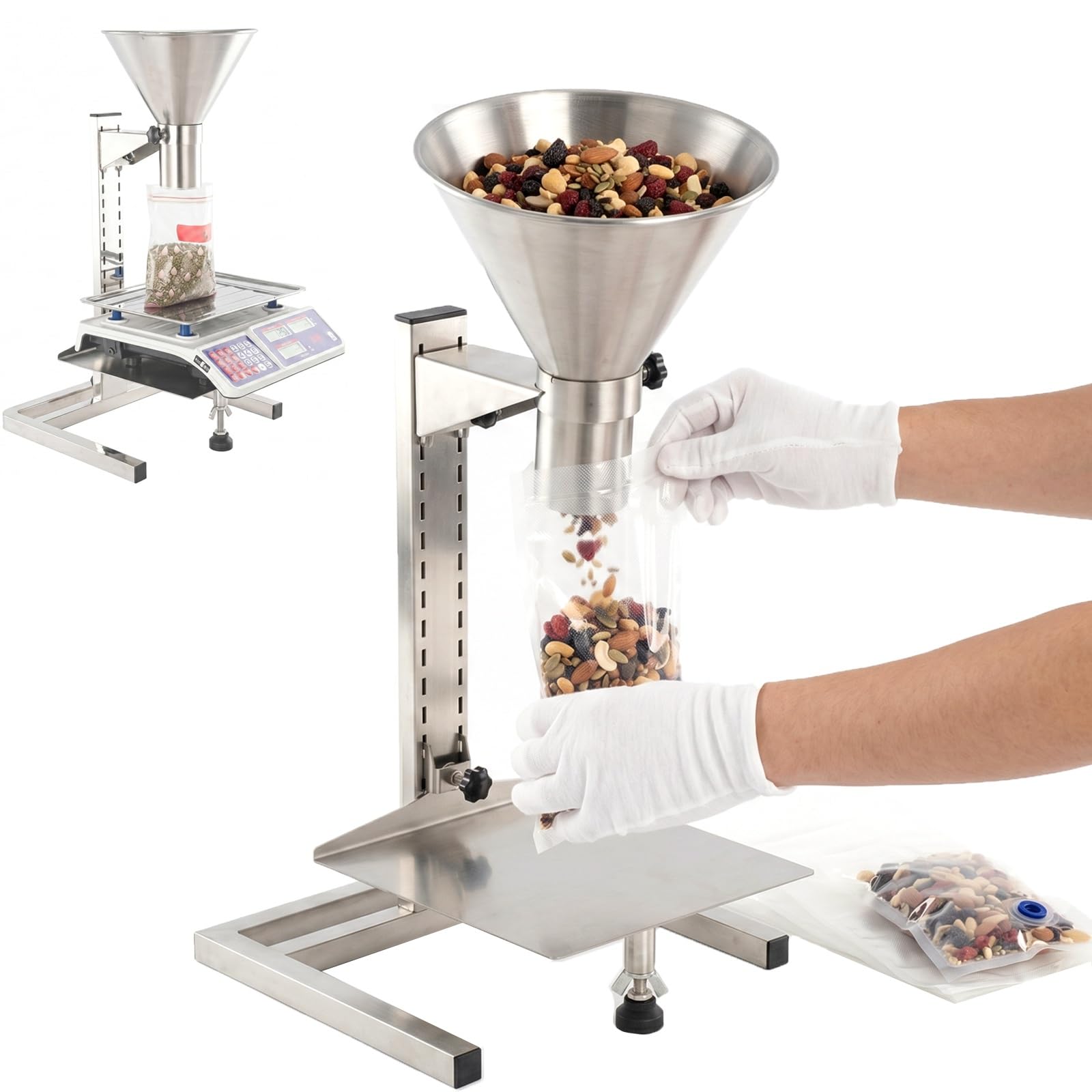 IYUESQ Stainless Steel Feeding Hopper, Heavy Duty Packaging Funnel with Adjustable Stand, for Powder Liquid Granule Filling
