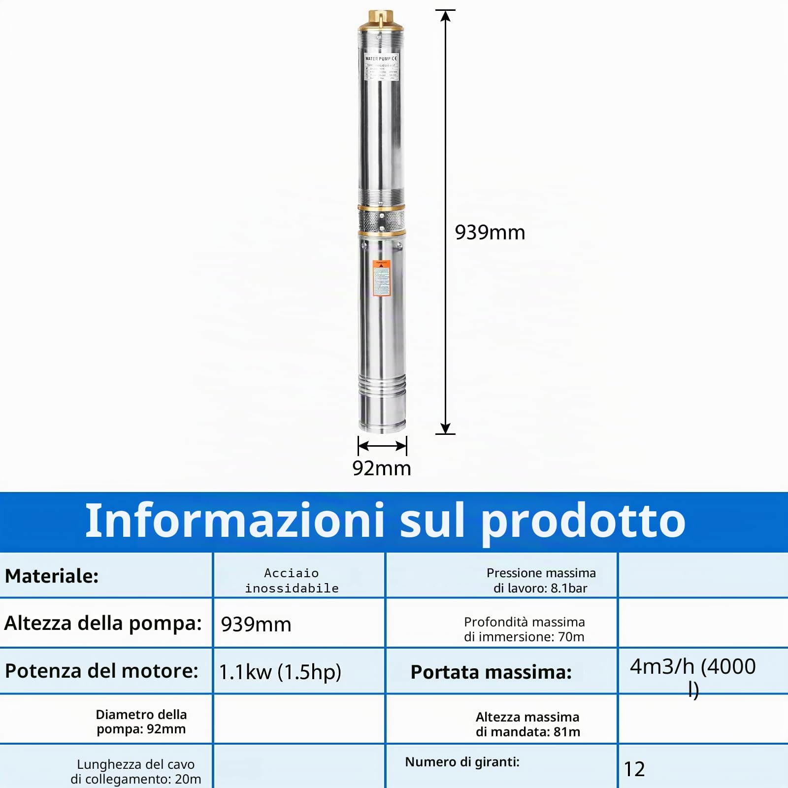 UISEBRT Pompa sommersa per fontane 4 pollici 1,1KW- pompa in acciaio inox per pozzi con portata di 4.000 l/h resistente alla sabbia con filtro antisporco, per irrigazione da giardino o uso domestico