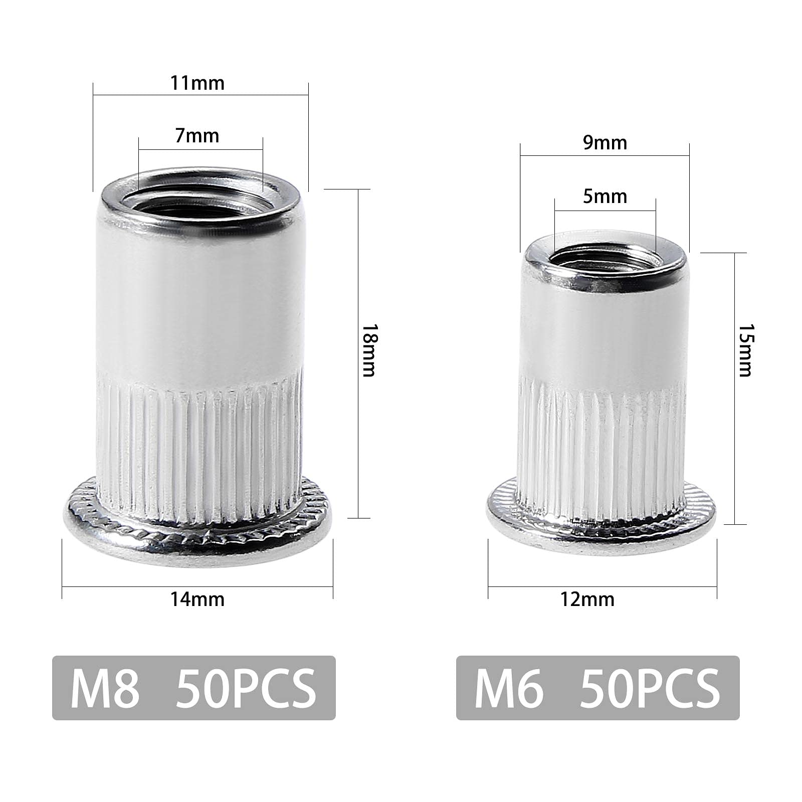 Gueenky 100 PZ Dadi Rivetti Filettati in Acciaio Inox, M6 M8 Dadi Filettati a Testa Piatta, Assortimento Inserti Filettati Mobili in Legno, Ogni Dimensione 50 PZ