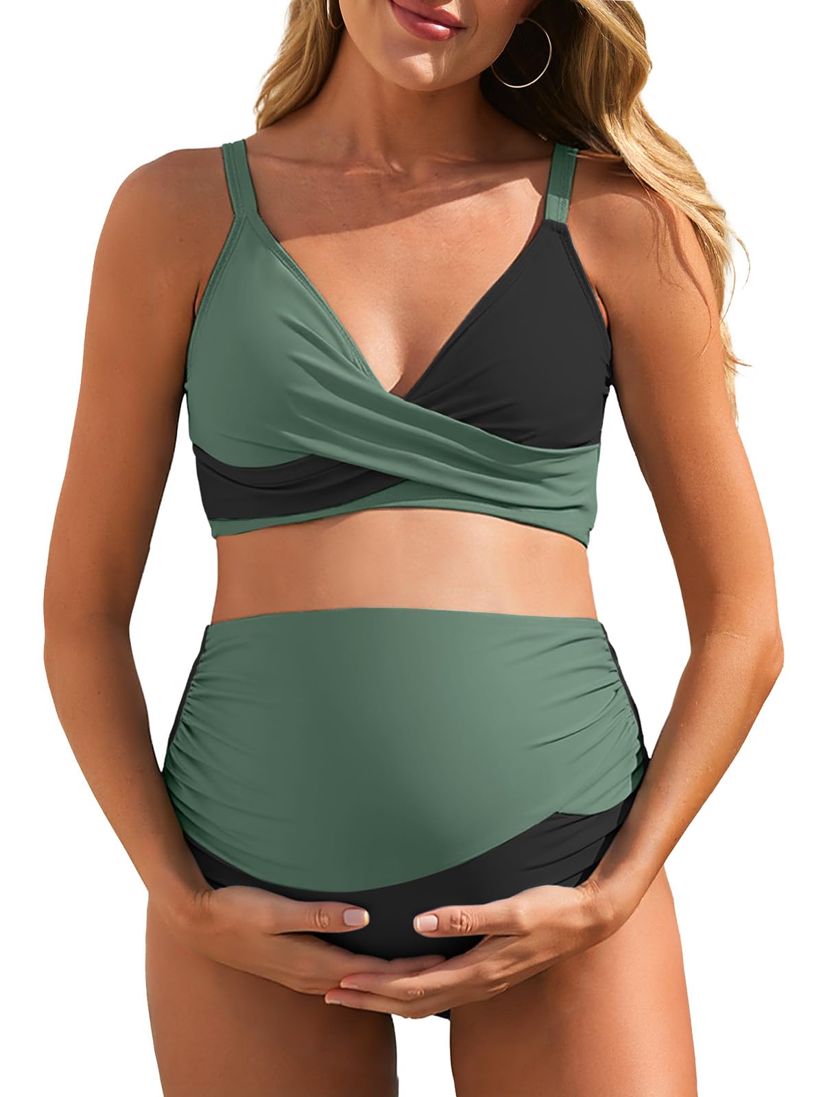 Summer Mae Umstands-Bikini, Badeanzug, Farbblock, zweiteilig, überkreuzt, V-Ausschnitt, hohe Taille, Schwangerschafts-Bademode