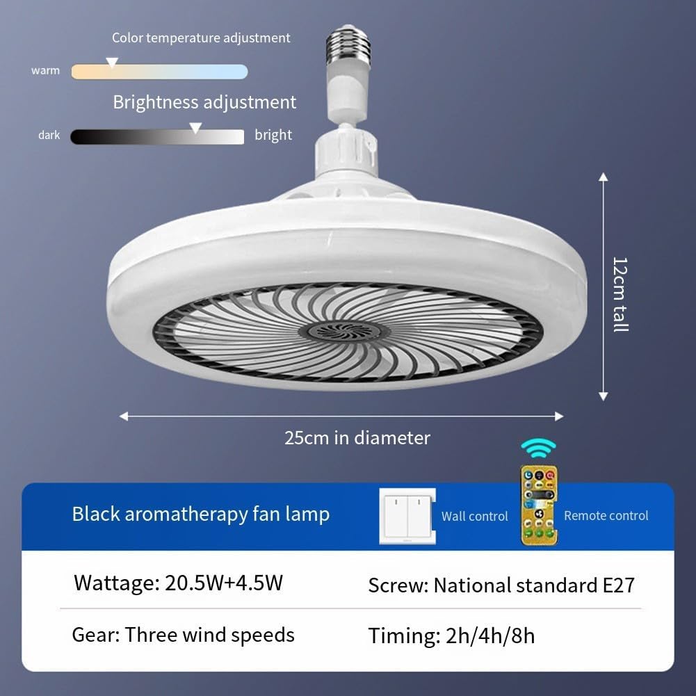 Ventilador LED con bombilla de rosca E27 y funcionamiento silencioso, para dormitorios y entornos de estudio (negro)