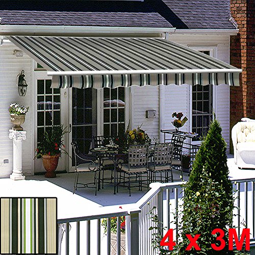 Greenbay Multi-Stripe DIY Manual Patio Awning, Retractable Gazebo Outdoor Canopy, Garden Sun Shade - 4m x 3m