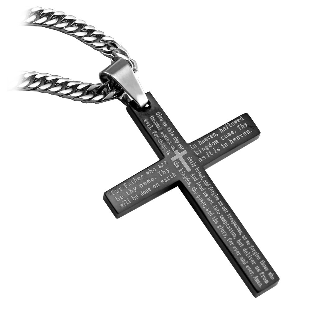 Rapid Spirit New Stainless Steel The Lords Prayer Black Cross Pendant with English Scripture & 60cms Length Chain.
