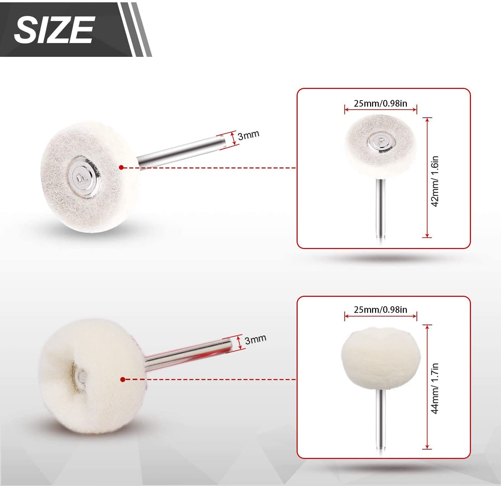 Ruedas de Pulido, 20 Piezas 25mm Herramienta de Pulido de Fieltro, Almohadilla de Pulido de Fieltro de Lana, con Mango de 3mm para Dremel, Joyería de Pulido Fino, Relojes