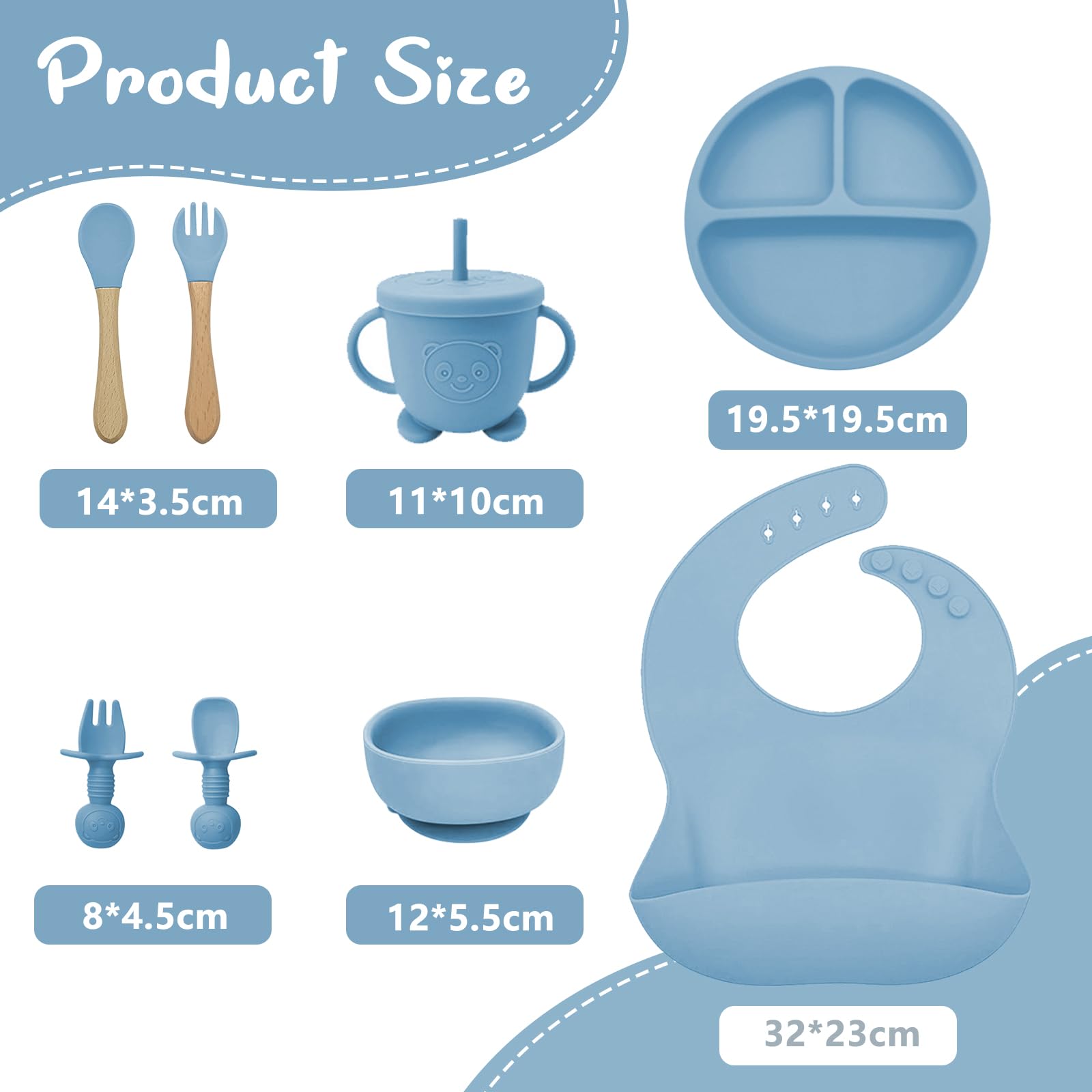 Ensemble repas bébé 9 pièces – Assiette et bol ventouse silicone, couverts, tasse d’apprentissage, bavoir & tablier manches longues – Set DME diversification alimentaire – anti-renversement, lave-vais