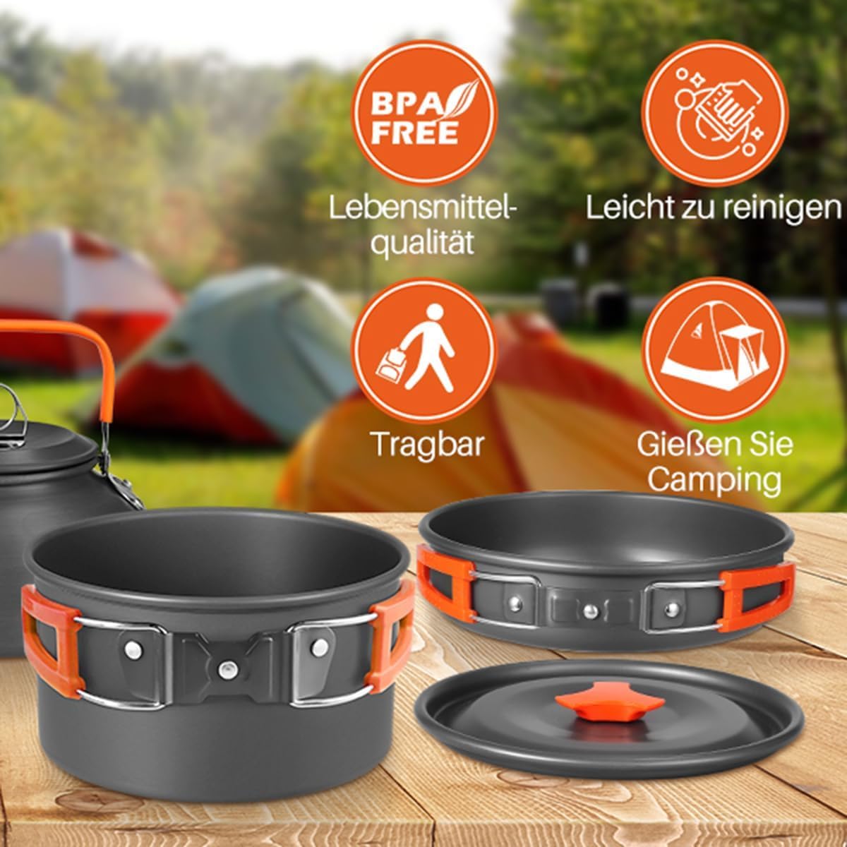 Set di pentole da campeggio, 10 pezzi, portatile, in alluminio, con custodia, set da cucina da campeggio, kit da campeggio, per 3 o 4 persone, campeggio, escursionismo, picnic
