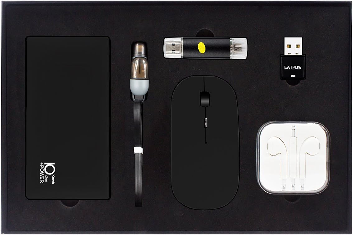 EATPOW Business Gift Set - 10000mAh Power Bank, 2 in 1 USB Charging Cable, 2.4GHz Wireless Mouse, 2 in 1 OTG Flash Drive, 300Mbps WiFi Adapter and Stereo Earphone - Best Gift for Men & Women