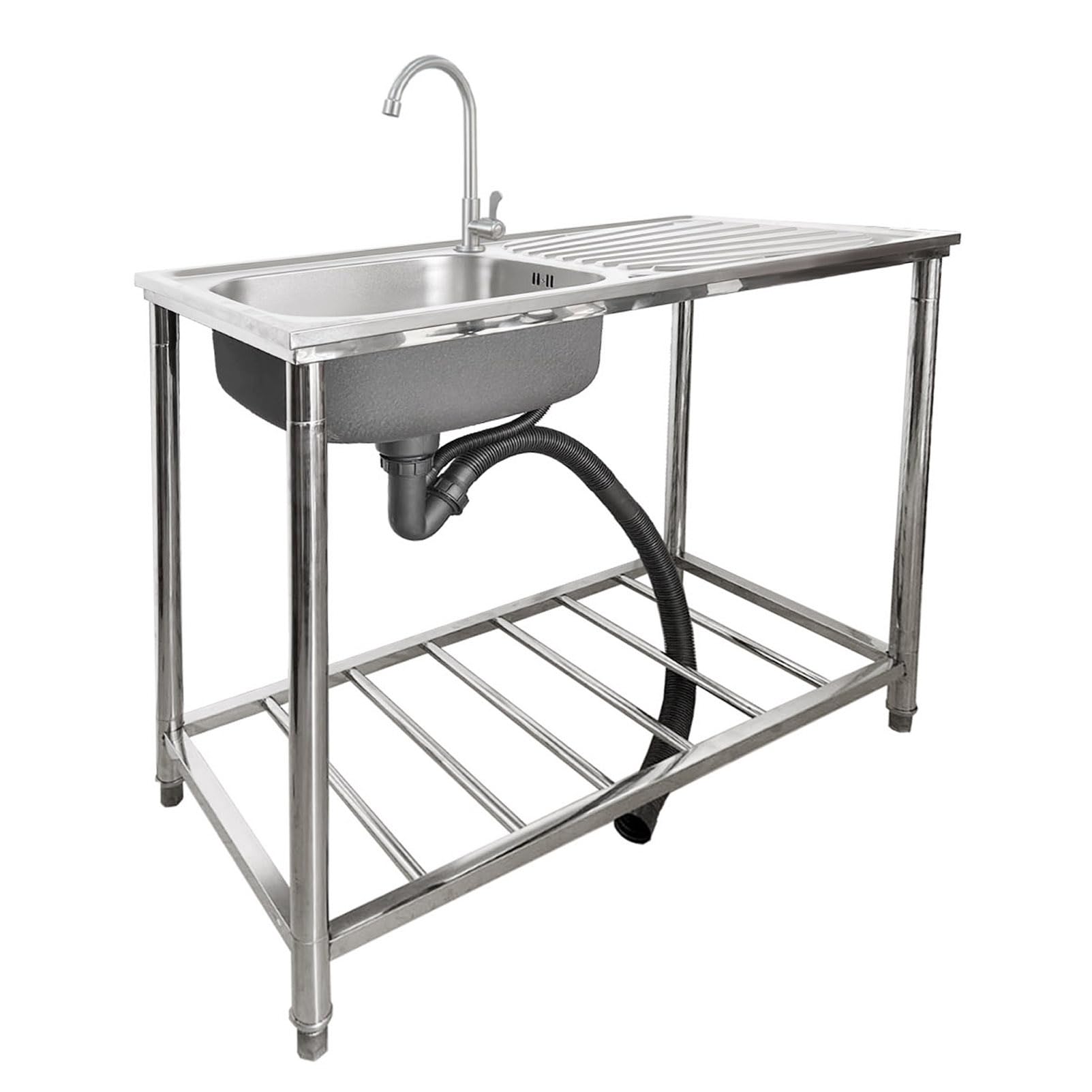 WIQUYBML Stainless Steel Utility Sink, Free Standing Single Bowl Commercial Kitchen Sink Set w/Right Workbench and Hot Cold Faucet, Sinks for Garage, Restaurant, Laundry, Backyard