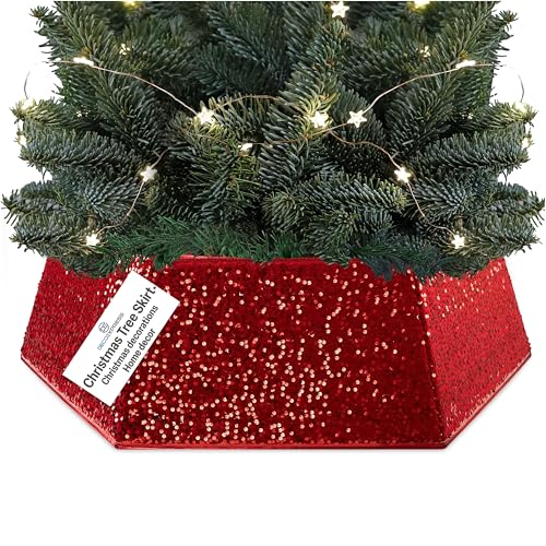DECO EXPRESS Falda para Arbol de Navidad con Lentejuelas 68x85 cm, Cubre Árbol Navidad Hexagonal con Cierre de Velcro, Decoración Navideña para Hogar (Lentejuela Rojo)