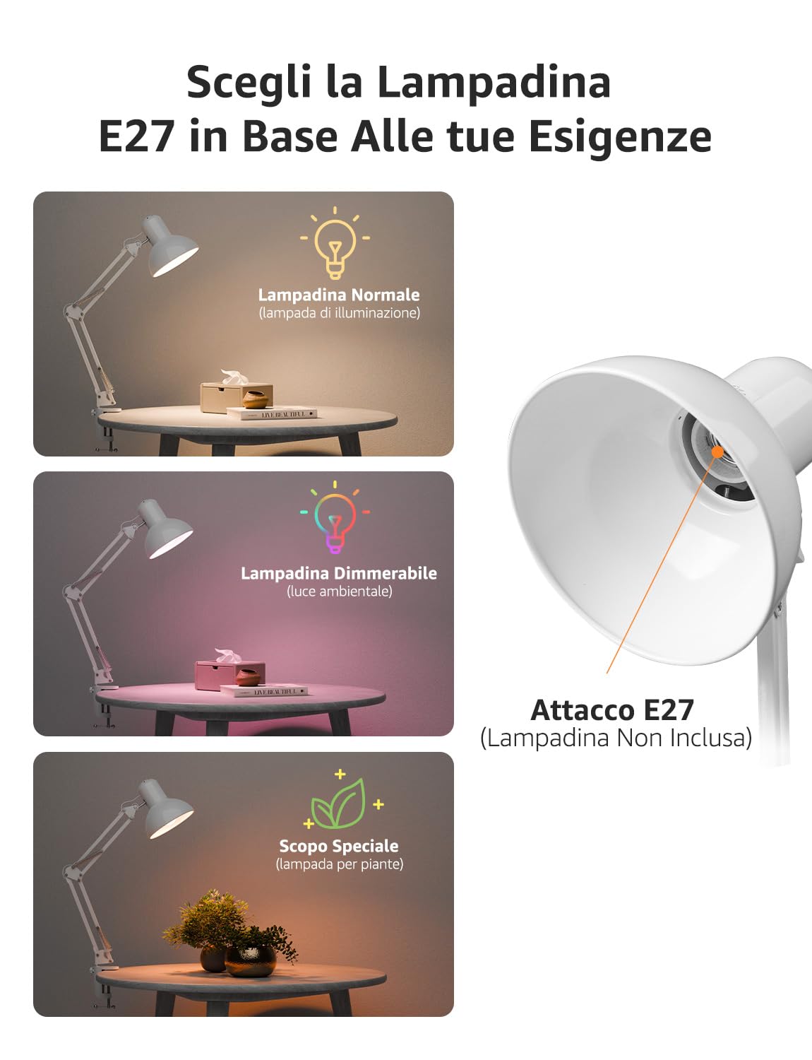 Lepro Lampada da Scrivania Bianco,Lampada da Tavolo con Clip,Flessibile e Regolabile su Più Angolazioni Lampada Scrivania LED,Luce Scrivania Meccanica Retrò,Moderno Base E27(E27 Lampadina Non Inclusa)