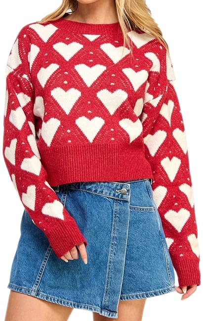 Image of Women Heart Print Sweaters Long Sleeve Crewneck Oversized Pullover Sweater Cute Love Pattern Knitted Jumper Tops
