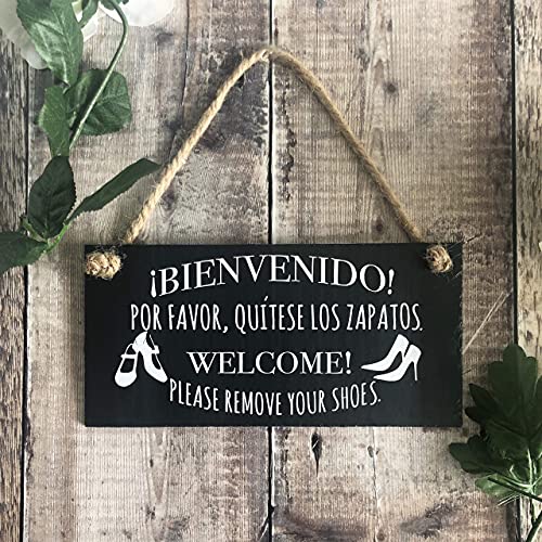 FoDuoDuo Bienvenido Por Favor, Quitese Los Zapatos, Remove Your Shoes Sign, Spanish and English Sign, Wooden Hanging Sign, Plaque Sign 6 X 13 Inch