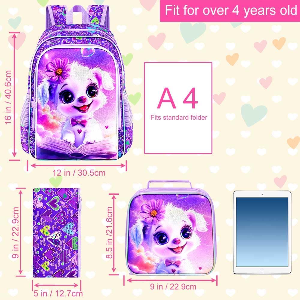 AGSDON 3PCS Backpack for Girls, 16" Kids Backpacks Set for Elementary Preschool Kindergarten, Cute Dog Bookbag with Lunch Box - Image 4