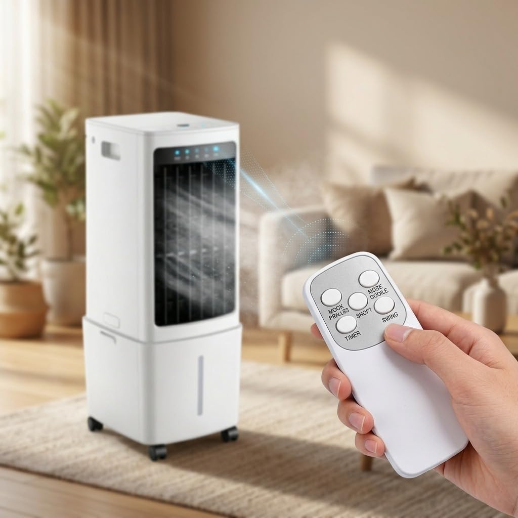 GYLRFA Evaporative Air Cooler & Swamp Cooler, 588 CFM Air Conditioner with 3.2 Gallon Water Reservoir, Remote Control, 7.5H Timer, 2 Ice Containers, 3 Fan Speeds, Air Humidifier, and Silent Operation