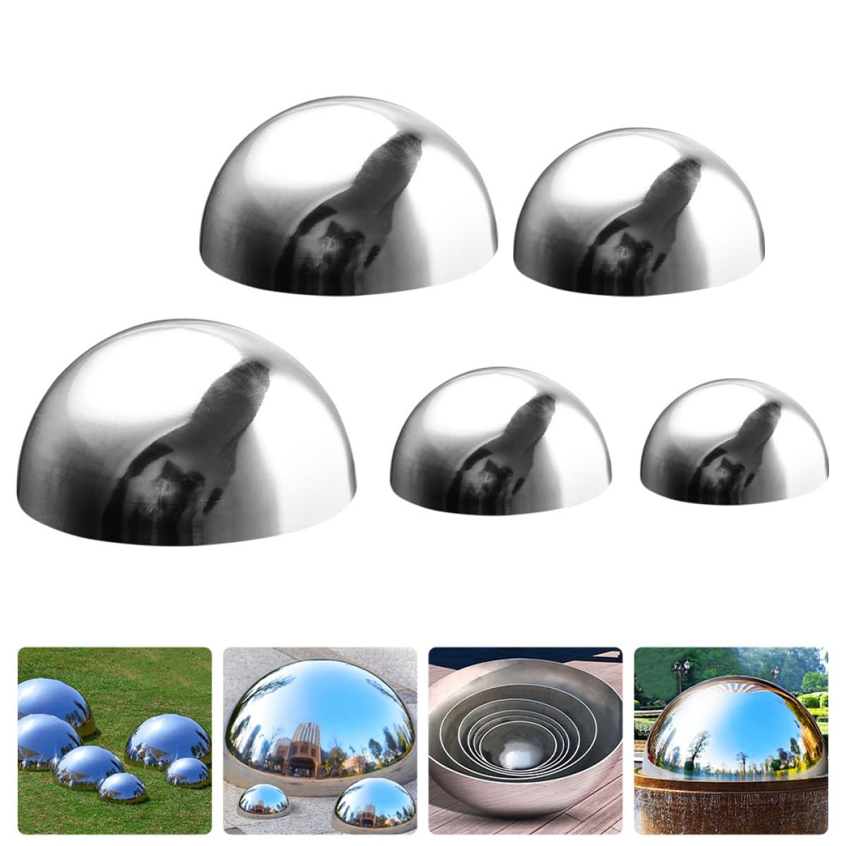 INOOMP Set 5 Sfere a Mezza Sfera in Acciaio Lucidato per Decorazioni Riflettenti da Giardino, Dimensioni Multiple per Uso Esterno Estivo