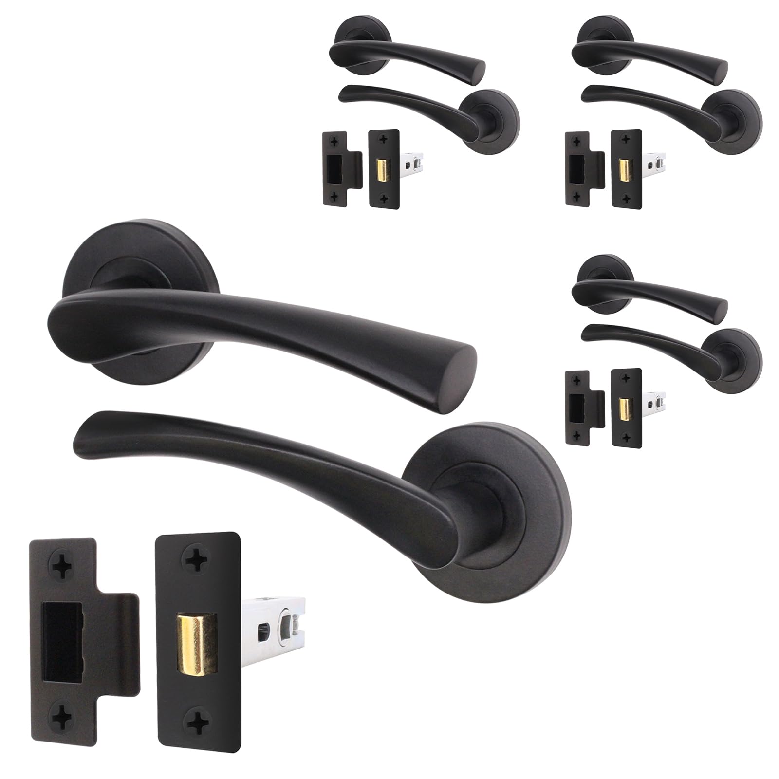 EAI Black Door Handle Latch Set - Pack of 4 | Round Internal Door Handles & Latch (64mm) | Matt Black Lever on Rose Novoli Range — image 1
