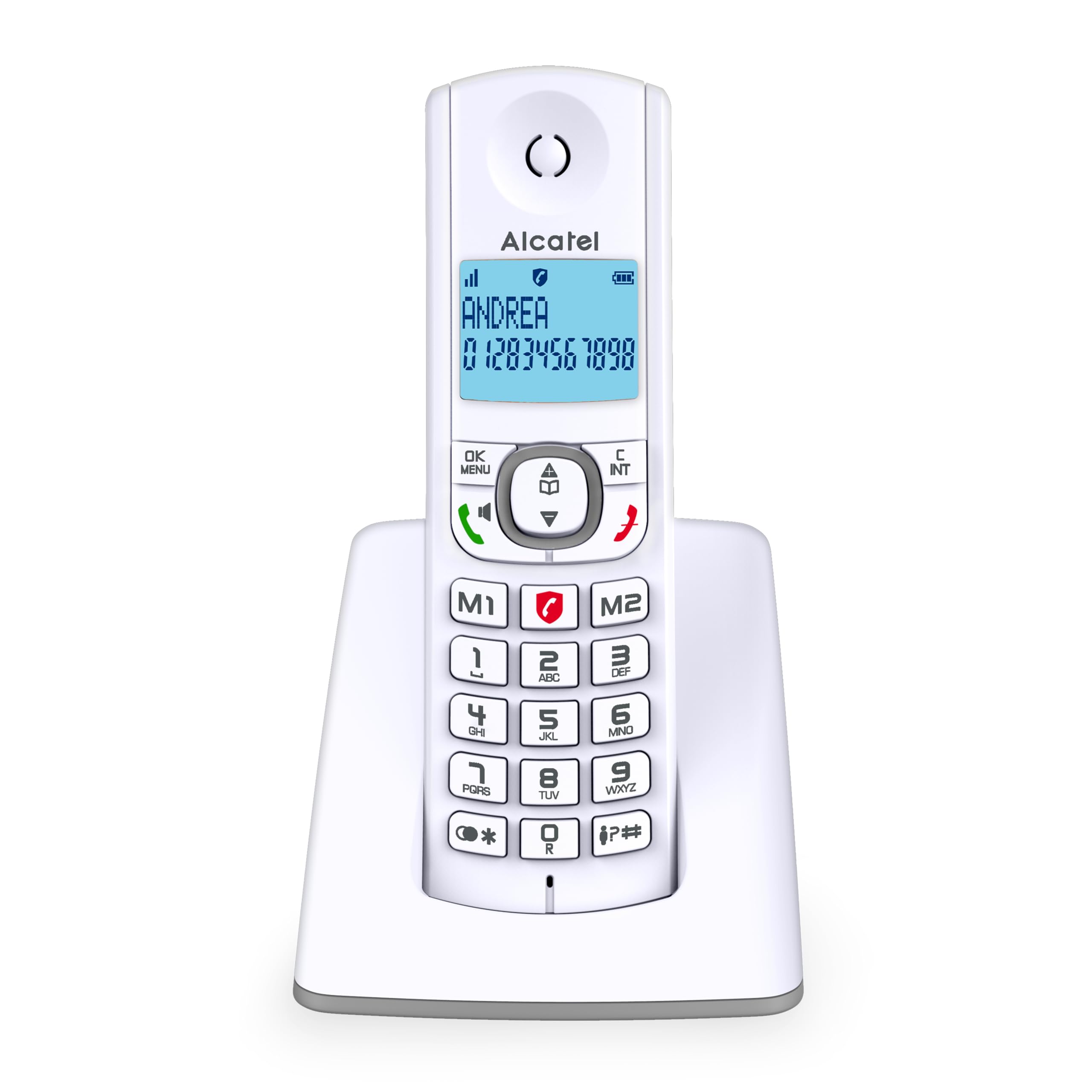 Alcatel F530, telefon bezprzewodowy, z funkcją blokowania połączeń, głośnomówiący i dwoma bezpośrednimi przyciskami pamięci biały/szary