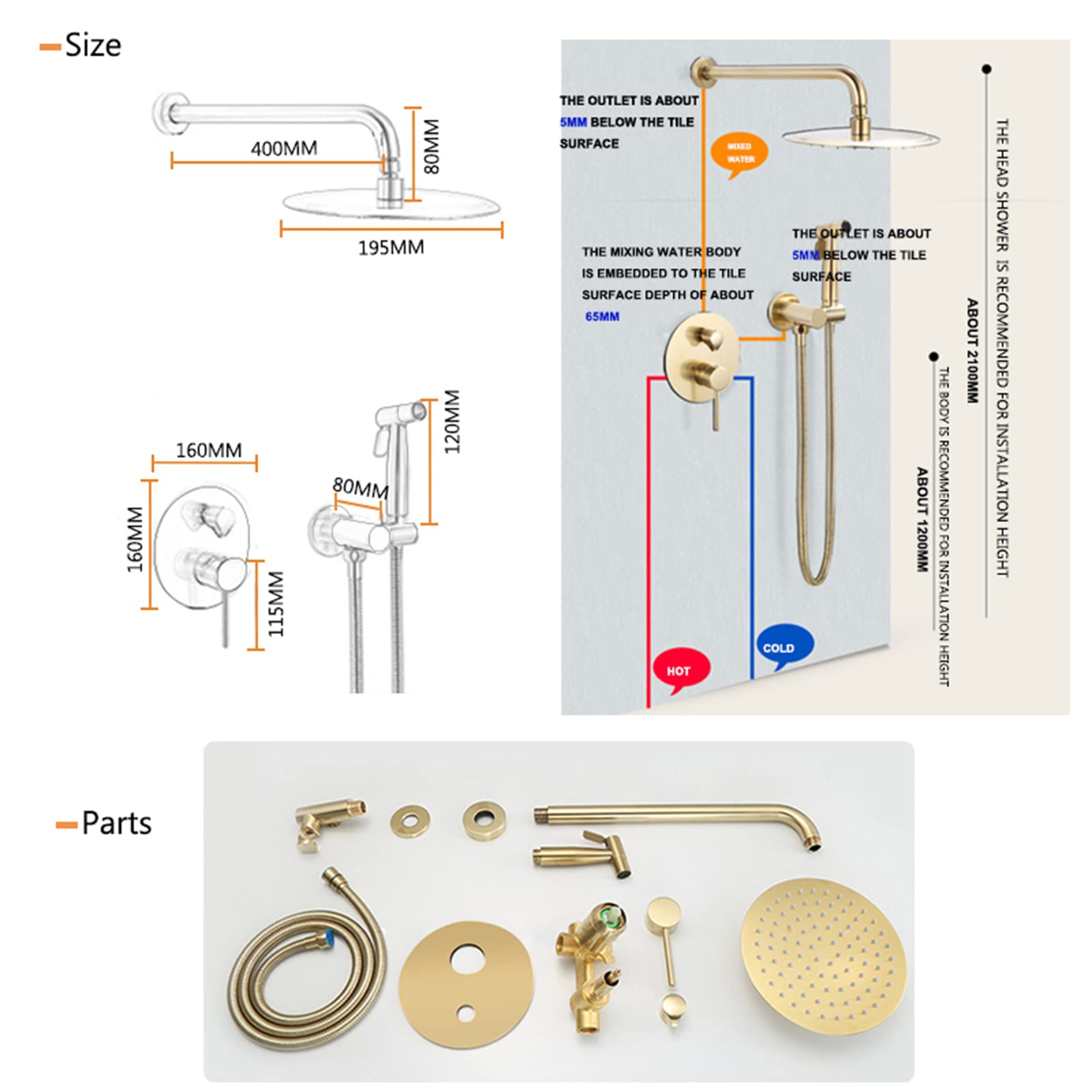 Doccia termostatica, soffione Doccia in Oro Spazzolato, Sistema Doccia da 8 Pollici con Getto a Pioggia e doccetta, Set Rubinetto per Bagno in Ottone, valvola di Montaggio Grezza,