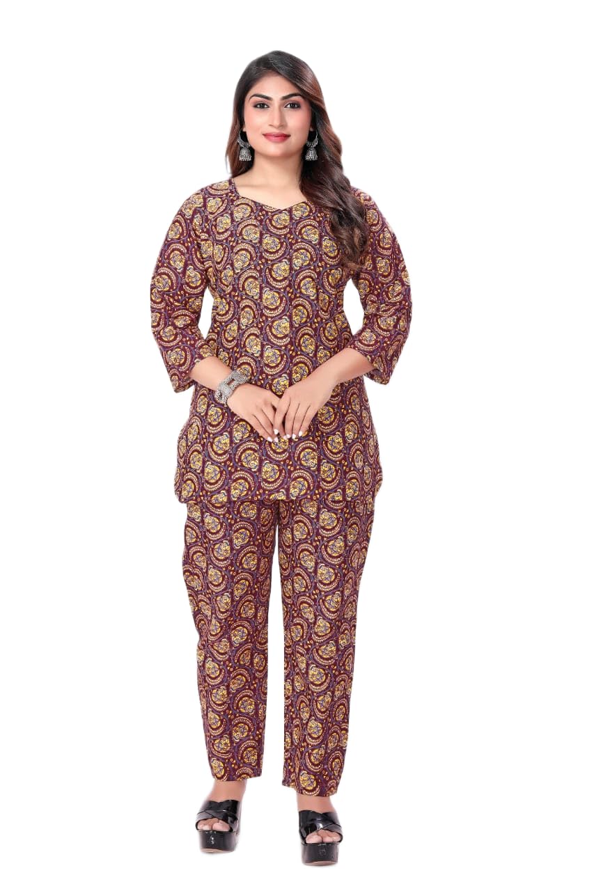 Women's Printed Co-ord Set, Maroon, 3/4 Sleeve Top with Matching Pants, Ethnic Paisley Print-image-16