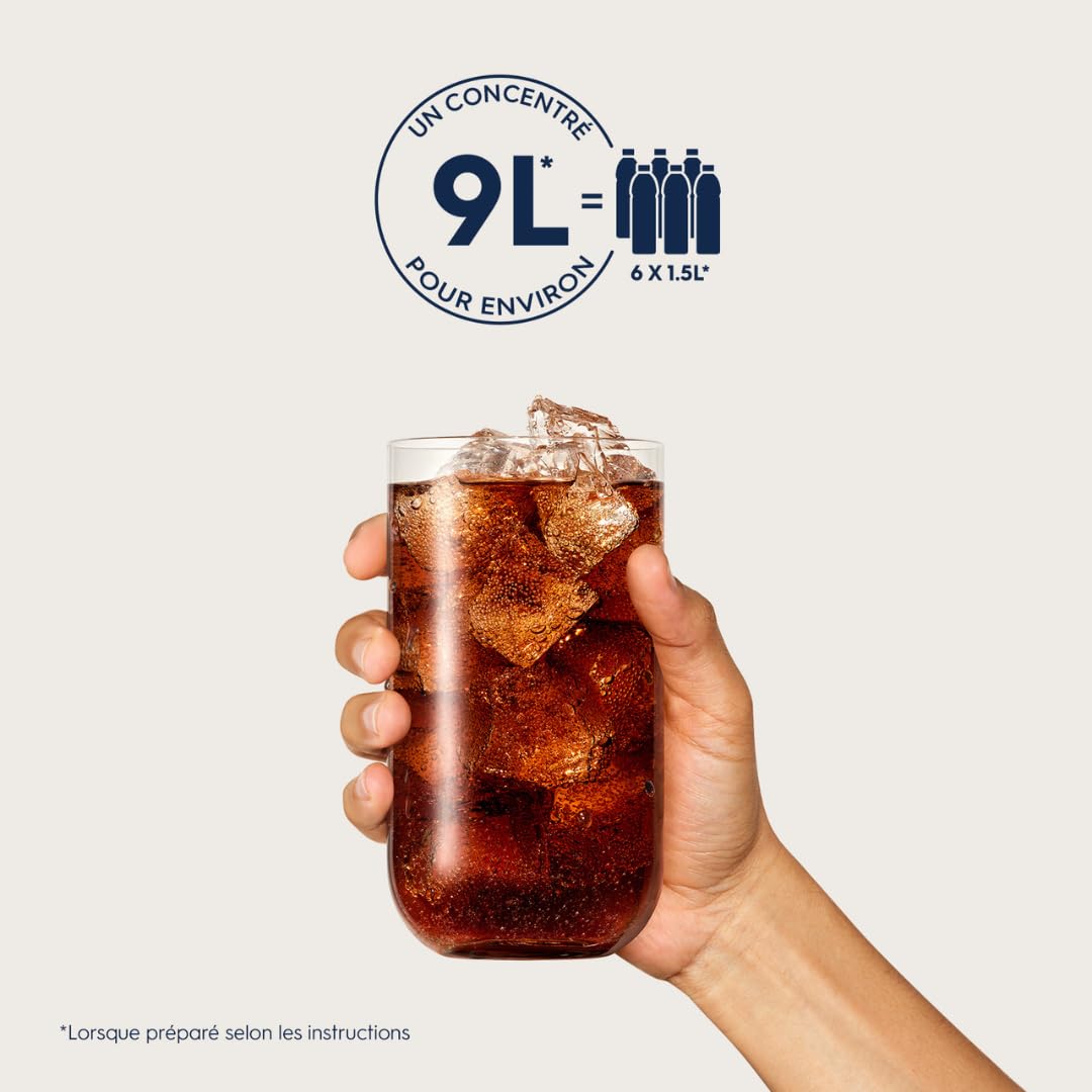 Gros plan sur la bouteille de concentré Sodastream Cola, prête à être mélangée à de l'eau gazeuse pour créer une boisson rafraîchissante.