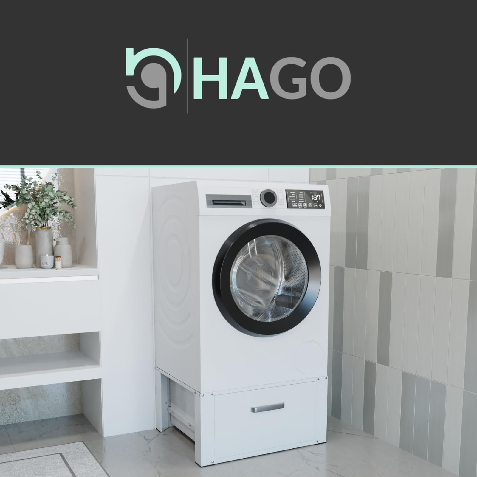 HAGO24 | Waschmaschinenuntergestell | Podest | Schublade | Ablage | 150kg Traglast | Gummifüße | 63x54x31,5cm | Rückenschonend | Weiß | Aluminiumgriff