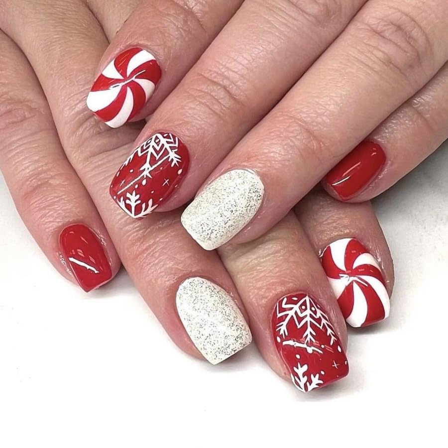 Christmas Press on Nails Short Square OFDNE Fake Nails Red & White False Nails with Designs Swirl Snowflake Silver Glitter Glossy Glue on Nails Stick