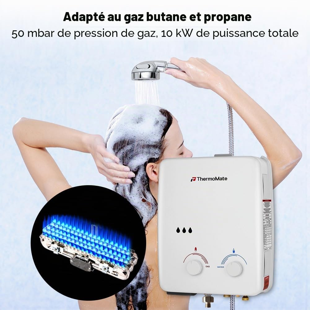 ThermoMate Chauffe-eau instantané à gaz sans réservoir, chauffe-eau portable instantané, 10 kW, 50 mbar, pour camping, bateau, camping-car