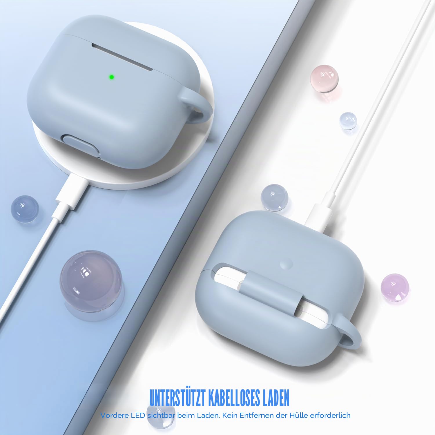 AirPods 3 Generation Hülle 2021 - Weicher Silikonschutz Mit Schlüsselanhänger und Reinigungsset, Kompatibel Mit AirPods 3, Himmelblau