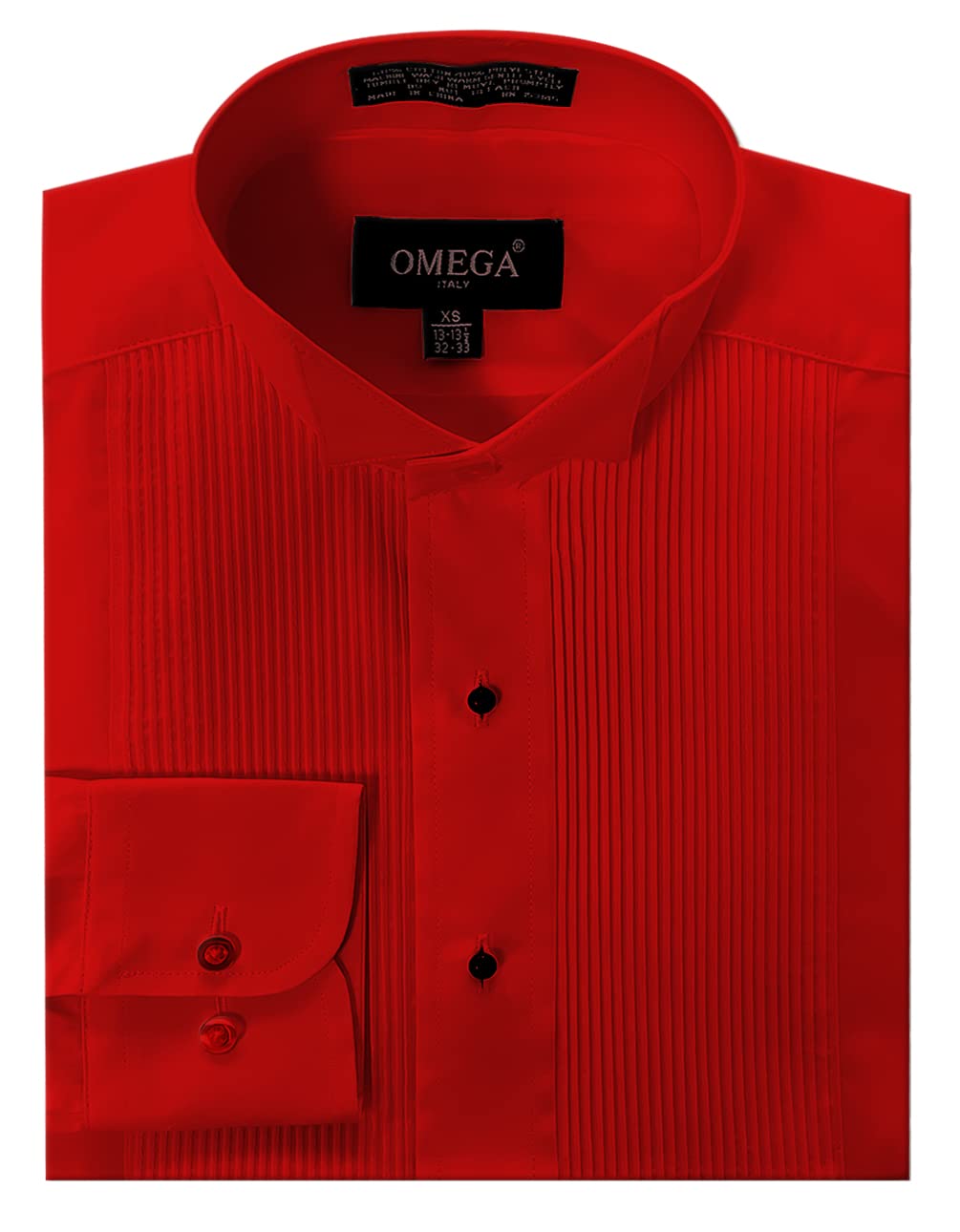 OmegaTux Mens Wing Collar Tuxedo Shirt with Bowtie, 1/8" Pleat & Convertible Cuffs, Red, 13.5" Neck 33" Sleeve