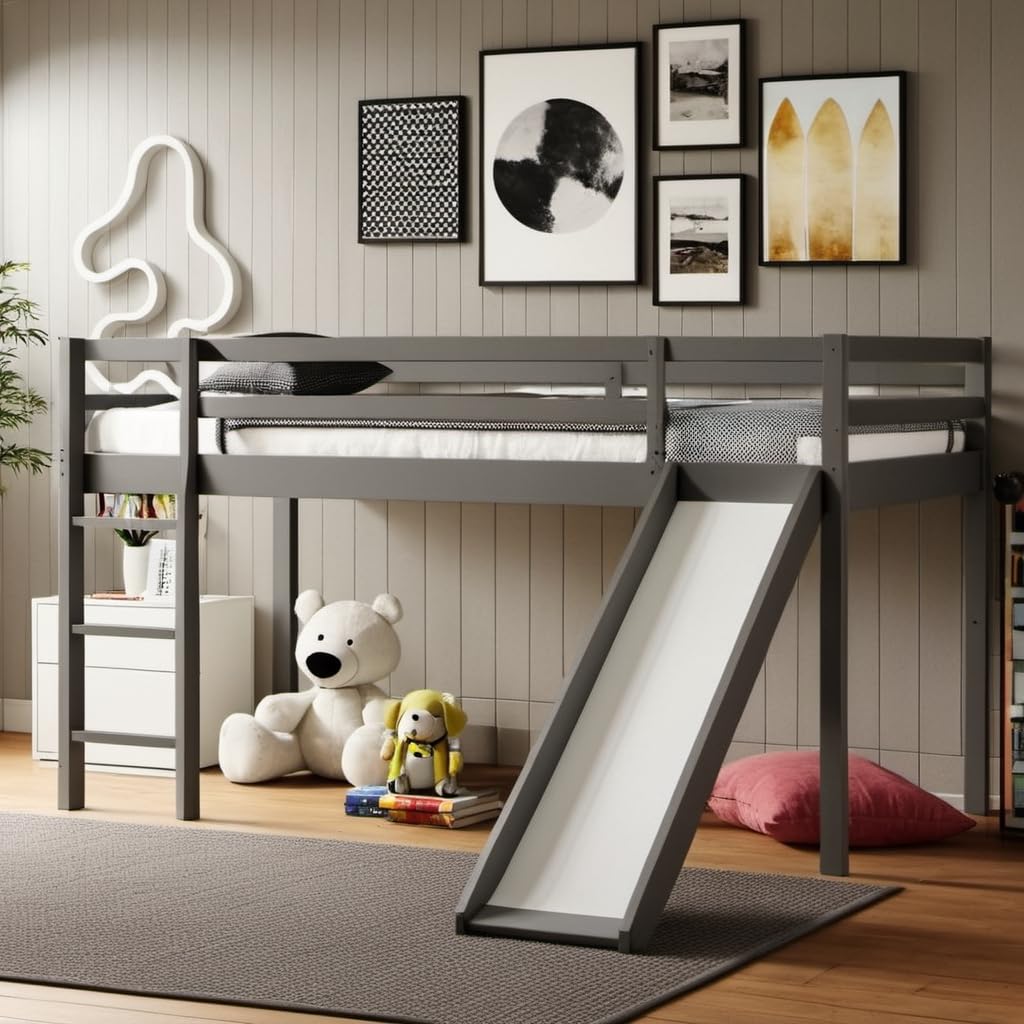 Twin Loft Bed with Slide for Boys and Girls,Toddler Loft beds with Safety Rails & Ladder,Save Space Design for Kids, Teens, Girls, Boys, No Box Spring Needed, Grey