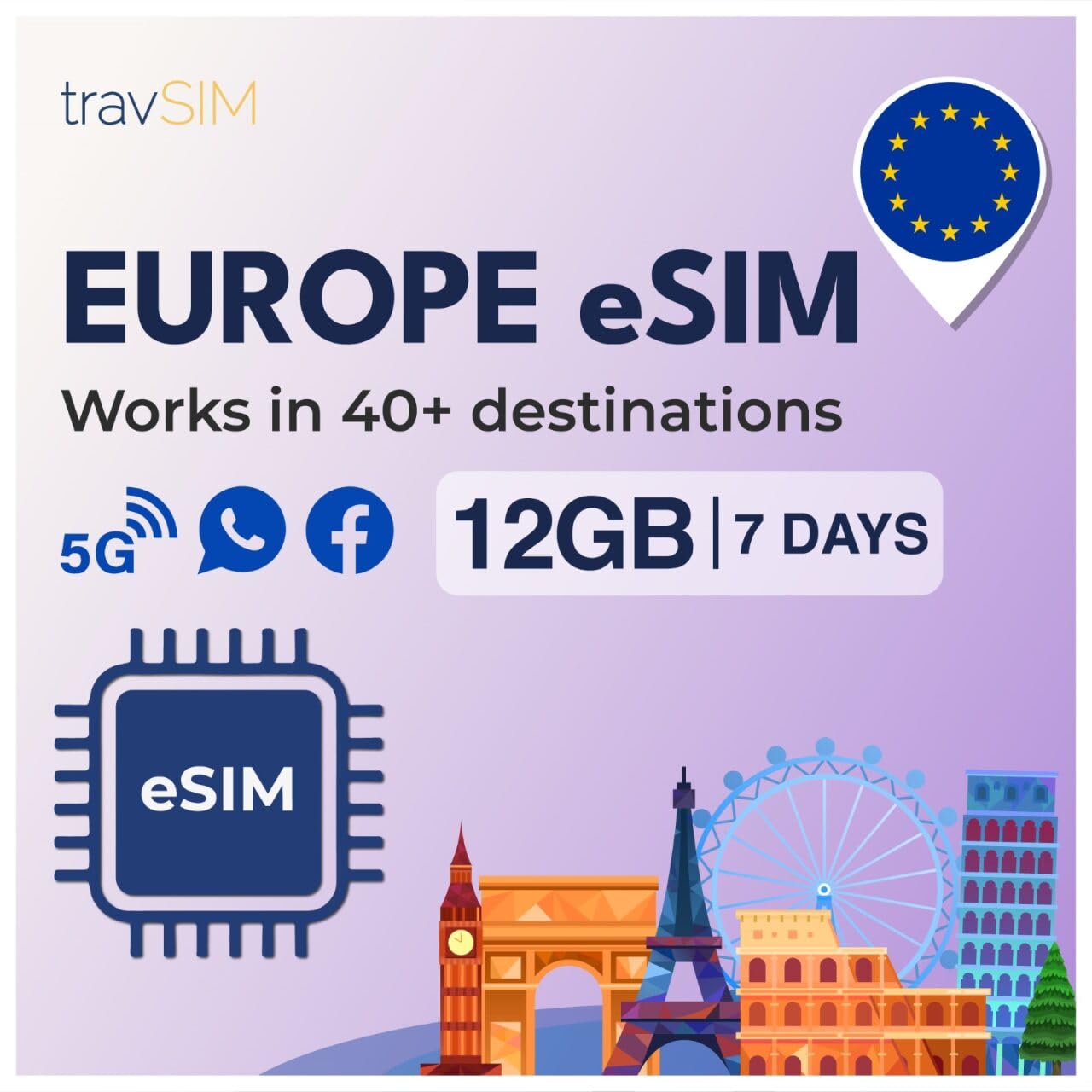 travSIM Europe eSIM with 12GB of Data (4G/5G speeds) | Valid for 7 Days | Data only eSIM | Use apps Like Whatsapp, Facebook, Instagram, and Telegram |