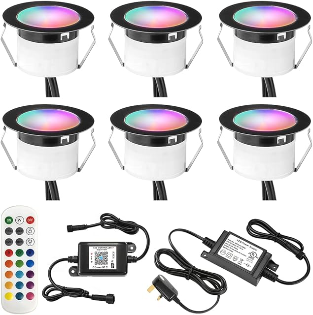 RGBW WiFi Led Decking Lights Waterproof IP67 Ø45MM 12V - Led Plinth Light Kits for Terrace/Patio/Path/Wall/Garden/Decoration, 6 Packs
