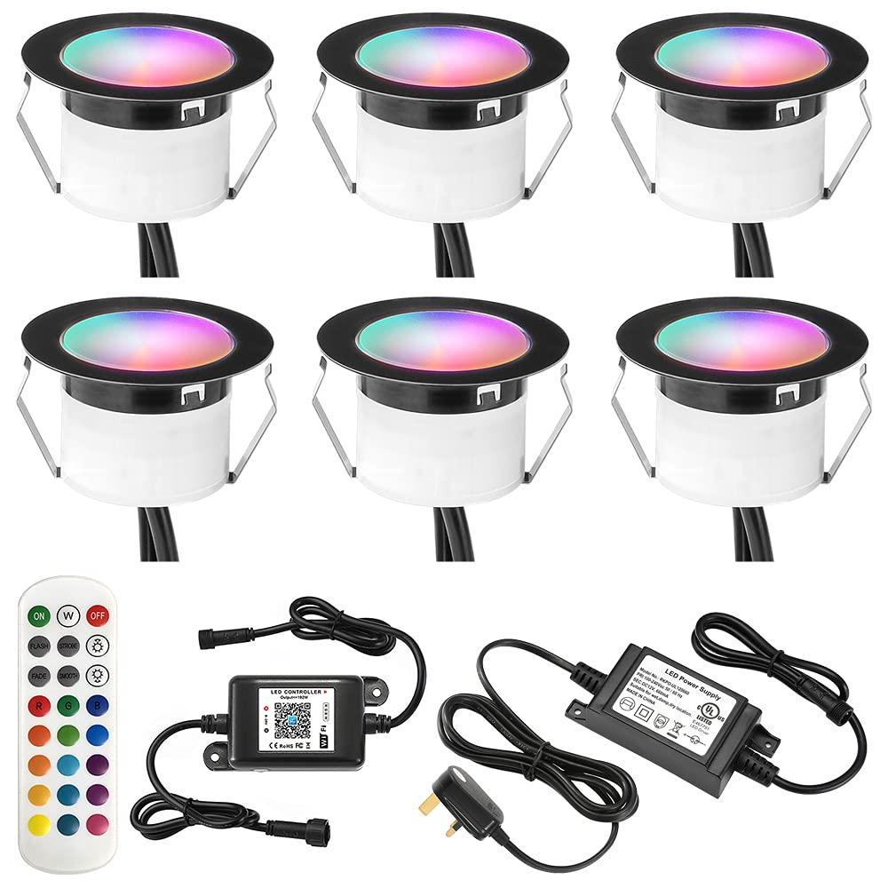INDARUN RGBW WiFi Led Decking Lights Waterproof IP67 Ø45MM 12V - Led Plinth Light Kits for Terrace/Patio/Path/Wall/Garden/Decoration, 6 Packs