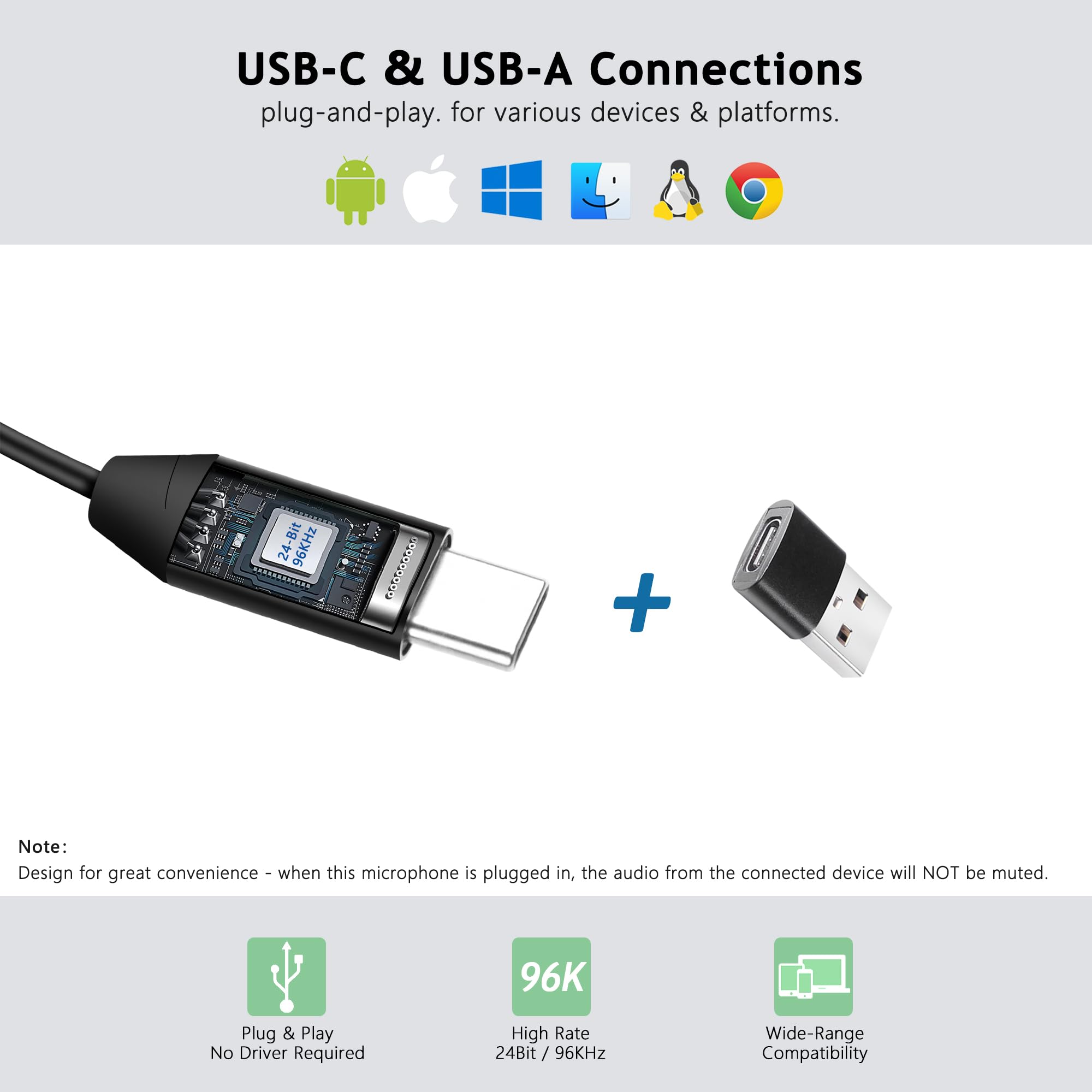 Micrófono Lavalier USB C, micrófono de Condensador Omni para iPhone 17/16/15, Samsung, Google, Oneplus, con USB-A para computadora y portátil, 6.6 pies, micrófono de Solapa Externo para Youtube