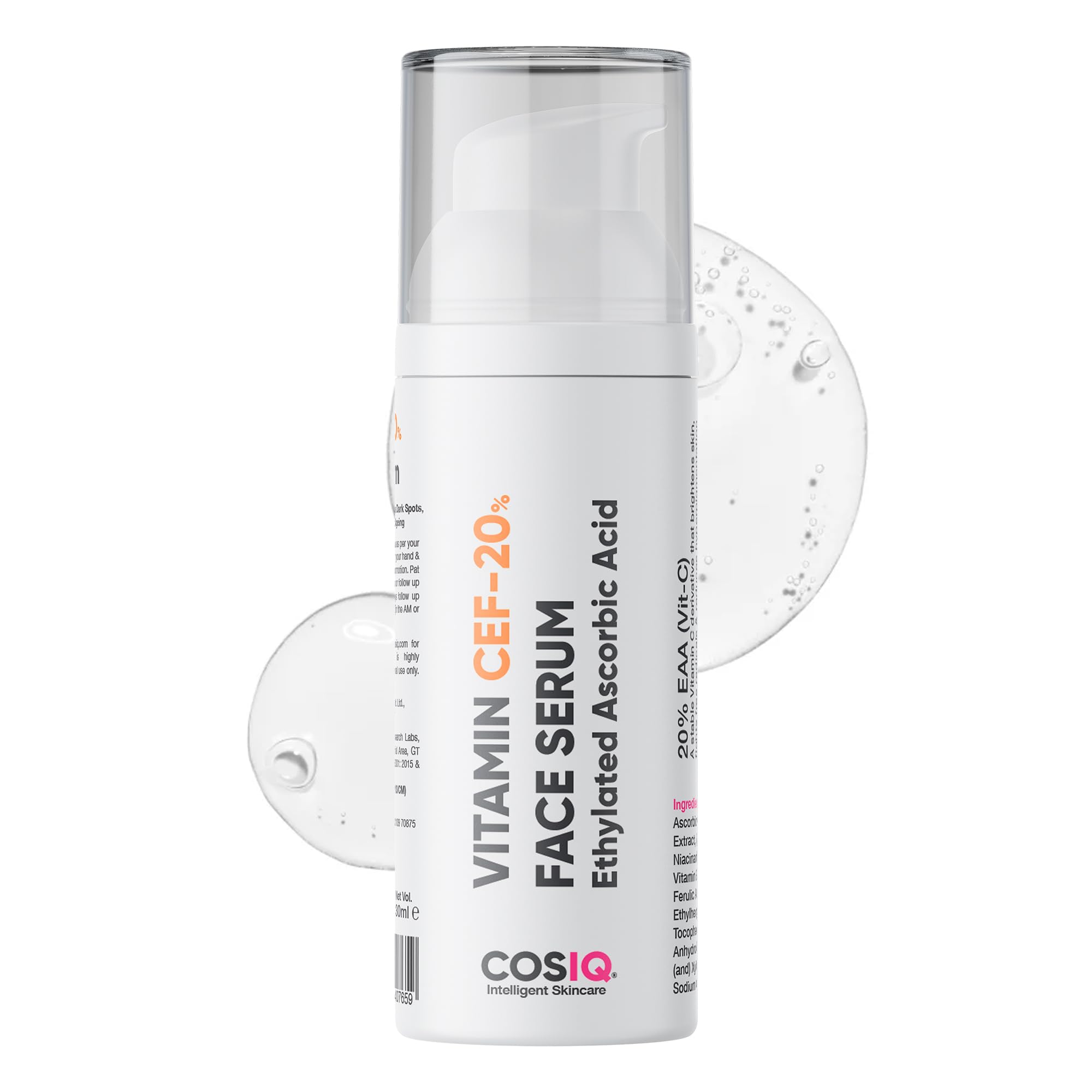 Cos-IQ 20% Vitamin C Serum, 30ml | With Vitamin E & Ferulic Acid | Glowing & Brightening Skin | Anti-Aging Serum for Wrinkles, Fine Lines & Dark Spots | All Skin Types | 30-Days Pack
