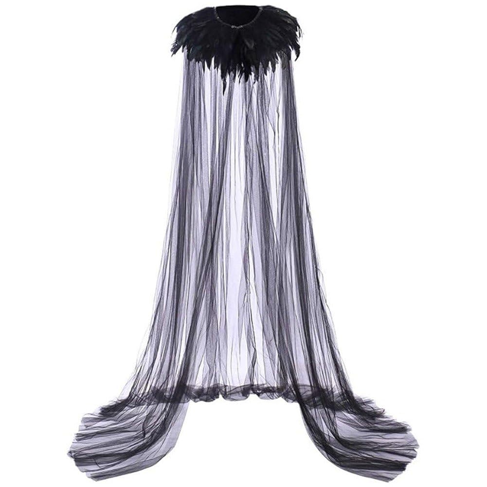 Sslvya Gothic Feather Cloak Tulle Cape with Feather Collar Cloak Witches Cape Halloween Cosplay Costume Props