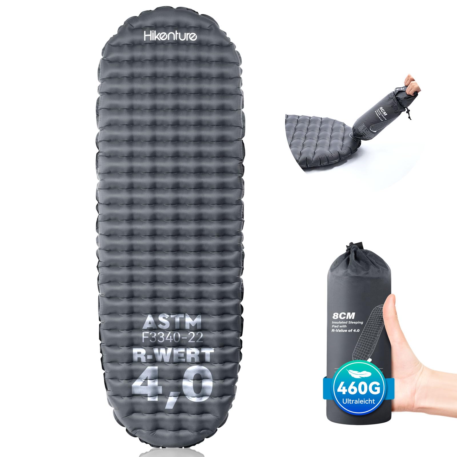 HIKENTURE Colchoneta ultraligera para camping, 460 g, valor R 4, con bolsa bomba, color gris