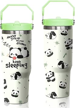 Panda Tumbler with Handle and Flip Straw, 30oz Travel Coffee Mug Water Bottle with Lid, Stainless Steel Insulated Cup, Birthday Gifts for Women Animal Lovers