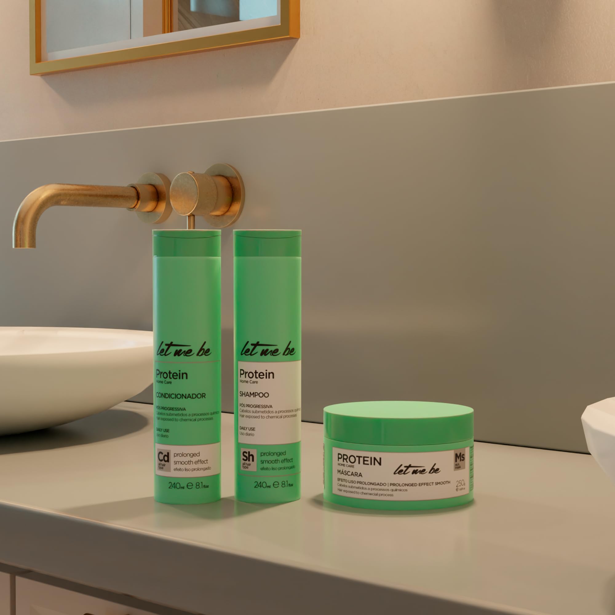 Let Me Be - Kit Protein Mantenimiento Liso Prolongado, Mantener y prolongar la alineación del cabello, Con colágeno hidrolizado y aminoácidos | 3 Productos (2x240ml, 250g)