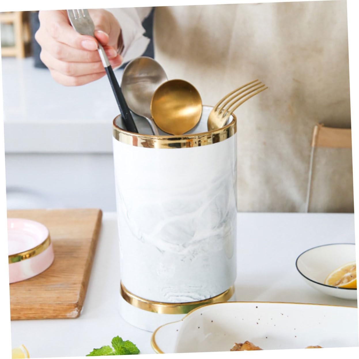 Cabilock Capacity Marble Pattern Chopstick Tube Utensil Organizer Silverware Holder for Kitchen Easy Access Cutlery Storage Bucket Farmhouse Style